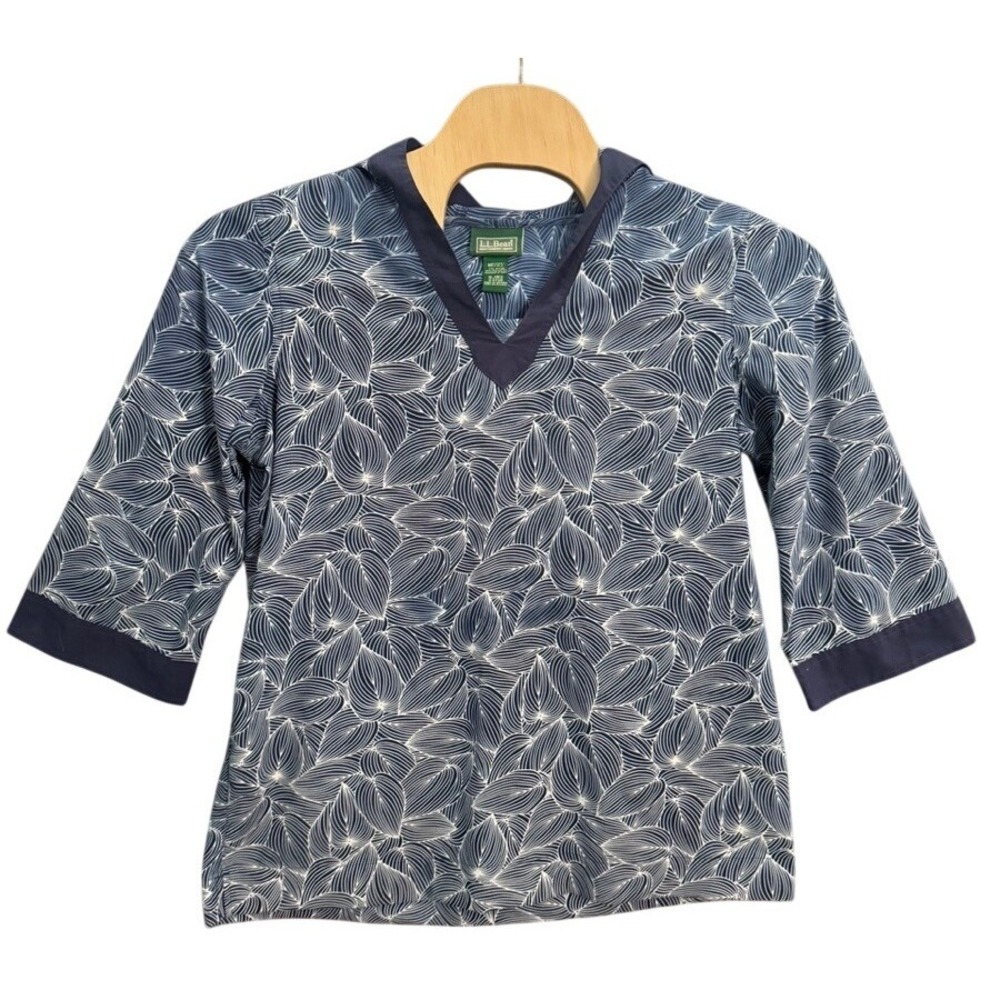 LL Bean Womens XL Blue White Leaf Print Hooded V-Neck 3/4 Sleeve Pullover Top